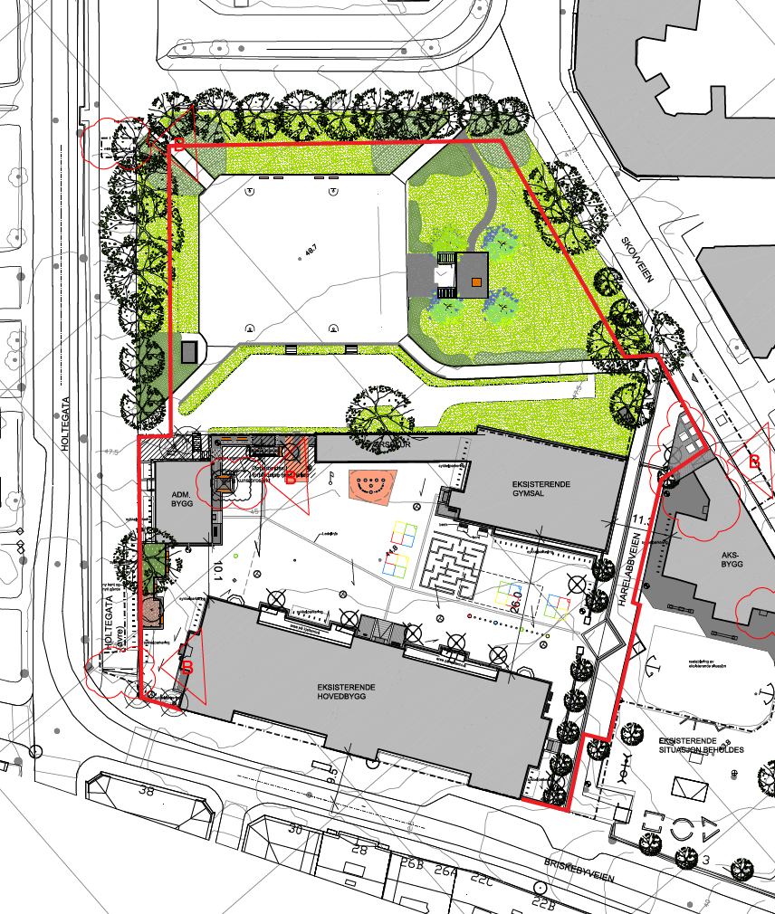  Nedenfor har vi med r&oslash;dt strek vist hvor vi vil stenge av omr&aring;det i sommer.