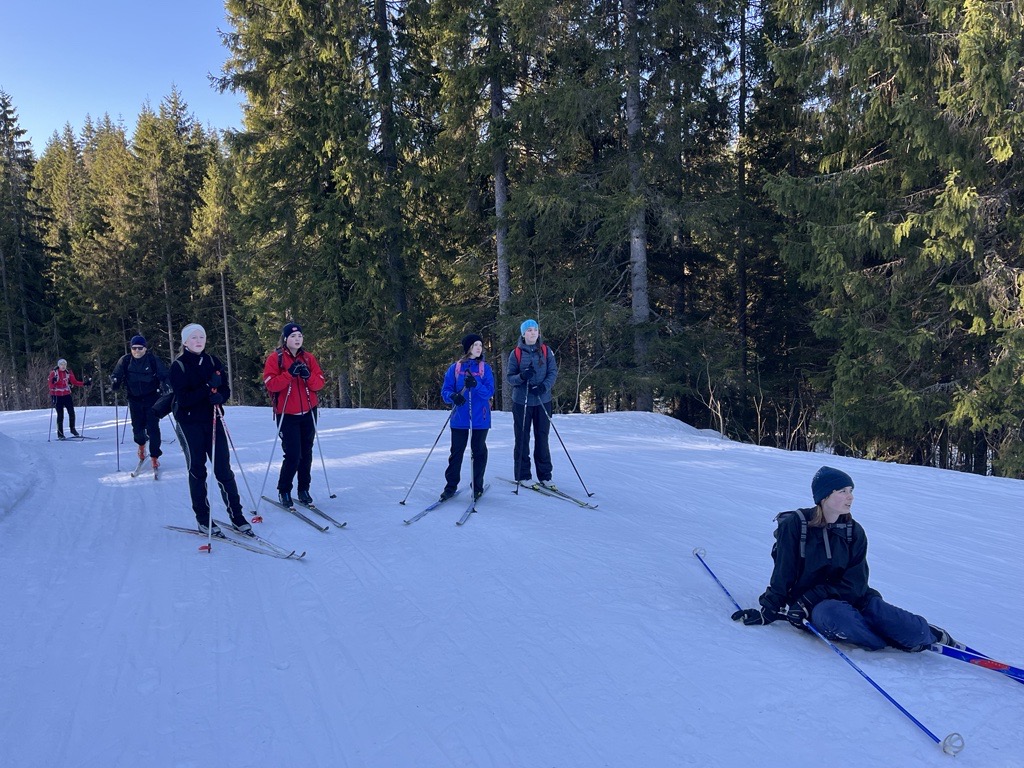 En gruppe mennesker på ski