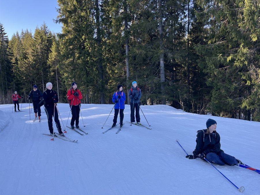 En gruppe mennesker på ski